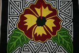 Kuna Indian Folk Art Mola from San Blas Islands, Panama. Hand stitched Textile Applique: Colorful Hibiscus Bloom, Black & White Maze Background 14" x 12.5" (355A)