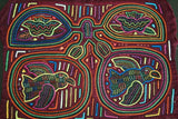 Kuna Indian Folk Art Blouse Mola blouse Panel from San Blas Islands, Panama. Hand-stitched Textile Applique: Parrot & Coconut Palms Motif 15.25" x 12.25" (55B)