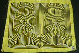 Kuna Indian Abstract Art Mola blouse panel, from San Blas Island Panama. Minutely Hand-stitched Applique: Detailed Yellow and Black Oil Lamp Motif, 16.75" x 13.5" (62B)
