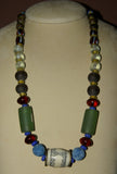 Rare Tribal Ethnic Dayak Iban Tribe Talisman Necklace: Antique Hand Crafted Magical Lukut Sekala , Old Trade Glass Beads, Stone & Hand Etched Central Buffalo Bone Bead, Chinese Coins, collected in 1980’s Borneo Aristocrat Owner, Indonesia. NB6