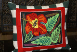 A Kuna Indian Folk Art Mola from San Blas Islands, Panama. Wall Decor, in Custom Frame & Mat. Hand stitched Textile Applique: Colorful Parrot & Hibiscus Flowers, plants 16" x 12" (DFM3)