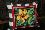 Kuna Indian Folk Art Mola from San Blas Islands, Panama. Hand stitched Textile Applique: Colorful Hibiscus Bloom, Black & White Maze Background 14" x 12.5" (355A)