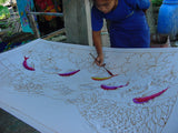 SOLD OUT: HIGH QUALITY HAND PAINTED TEXTILE FABRIC HALF SARONG OR BEACH SKIRT, SUMMER TABLE RUNNER, SIGNED BY THE ARTIST: DETAILED MOTIFS OF BLOOMING PLUMERIA YELLOW  & HOT PINK BACKGROUND, RICH COLORS 74" x 23" (no SC17)