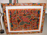 Kuna Indian Colorful Abstract Art Mola Blouse Panel. Superb Hand-stitched Reverse Applique from San Blas Islands, Panama:  Colorful   Geometric Sand Timer or Bow Tie Motifs, 17" x 15"  (63B)