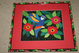 A Framed Kuna Indian Folk Art Mola from San Blas Islands, Panama. In Custom Frame, Glass & Mat. Hand stitched Textile Applique: Purple Hummingbird, Hummer & Flowers 14" X 12" (DFM11) Wall Decor