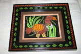 A Kuna Indian Folk Art Mola in Custom Frame, Glass & Double Mats. Hand-stitched Applique from San Blas Islands, Panama: Colorful Blue Water Fowl or Hen Swimming, Surrounded by Pink Flowers & Leaves 15" X 13" (DFM6) Wall Decor