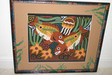 A Framed Kuna Indian Folk Art Mola from San Blas Islands, Panama in Hand Painted Frame With Wood Leaves, Glass & Double Mats. Hand stitched  Applique: Green Parrots On a Perch 20.5" X 17.5" (DFM20) WALL DECOR