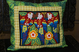 A Kuna Indian Folk Art Mola from San Blas Islands, Panama. Wall Decor, in Custom Frame & Mat. Hand stitched Textile Applique: Colorful Parrot & Hibiscus Flowers, plants 16" x 12" (DFM3)