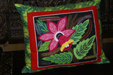 Kuna Indian Folk Art Mola from San Blas Islands, Panama. Hand stitched Textile Applique: Colorful Hibiscus Bloom, Black & White Maze Background 14" x 12.5" (355A)