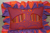 Kuna Indian Traditional Quilted Mola Blouse Panel from San Blas Islands, Panama. Hand Stitched Folk Art Reverse Applique: Butterfly on Apple, mirror images with Intense Parallel Background 14" x 10 1/4"  (1A)