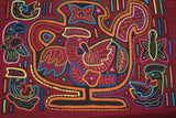 Kuna Indian Abstract Traditional Mola blouse panel from San Blas Islands, Panama. Hand stitched Applique: Teapot Kettle with Birds Motifs, Parrots in nest, Butterflies 16" x 11"  (115A)