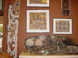 Rare Tapa Bark Cloth (Kapa in Hawaii), from Lake Sentani, Irian Jaya, Papua New Guinea. Hand painted by a Tribal Artist with natural pigments: Spiritual Stylized Motifs of shields with eyes & fish. 21" x 17" (no 28)