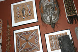 Rare Tapa Bark Cloth (Kapa in Hawaii), from Lake Sentani, Irian Jaya, Papua New Guinea. Hand painted by a Tribal Artist with natural pigments: Spiritual Stylized Motifs of shields with eyes & fish. 21" x 17" (no 28)