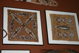 Rare Tapa Bark Cloth (Kapa in Hawaii), from Lake Sentani, Irian Jaya, Papua New Guinea. Hand painted by a Tribal Artist with natural pigments: Spiritual Stylized Motifs of shields with eyes & fish. 21" x 17" (no 28)