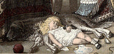 EPHEMERA AMERICANA WHIMSICAL ART: 1800's FRAMED ANTIQUE VICTORIAN ADVERTISING TRADE CARD: Waite & Co Crayon Portraits, Parents looking on Daughter Sleeping with her Dog (DFPO2K) ARTIST HAND PAINTED FRAME DESIGNER COLLECTOR COLLECTIBLE WALL DÉCOR UNIQUE