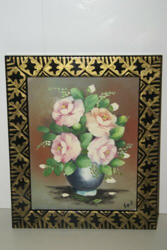 Copy of 12.5”x 10.5” DETAILED COLORFUL  BALINESE PAINTING ON CANVAS BY RENOWN UBUD ARTIST ROSE BOUQUET IN VASE FRAMED IN SIGNED CUSTOM FRAME HAND PAINTED WITH DETAIL TO INHANCE THE  ARTWORK DFBF3 DECORATOR DESIGNER ART COLLECTOR HOME DÉCOR