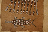 Rare Maro Tapa loin Bark Cloth (Kapa in Hawaii), from Lake Sentani, Irian Jaya, Papua New Guinea. Hand painted by a Tribal Artist with natural pigments: Spiritual Stylized Fish Motifs & swordfish 31.5" x 24.5" (no 3)