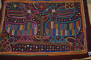 Kuna Indian Folk Art Mola blouse panel from San Blas Island, Panama. Museum Quality Hand stitched Reverse Applique: Mirror Image Crested Birds Intricate Detail, 21.5" x 15" (112A)