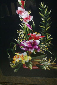Huge Hmong Tribe Colorful Artwork Silk Embroidery Needlework Original Museum Art Masterpiece of Japanese Bouquet Floral Arrangement in vase, orchids & lilies, Hand stitched by Talented artist Mats & Frame Hand painted & signed DFH19 31" x 27 1/2"