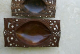 2 LARGE STUNNING HAND CARVED ROSEWOOD MUSEUM MASTERPIECES SAGO PLATTER DISH BOWLS WITH MOTHER OF PEARL INSERTS & DELICATELY INCISED LACY BORDERS BY RENOWNED TRIBAL SCULPTOR TROBRIAND ISLANDS MELANESIA SOUTH PACIFIC COLLECTOR DESIGN 2A109 & 2A22.