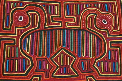Kuna Indian Abstract Mola blouse panel from San Blas Island, Panama. Intricate Hand stitched Applique Folk Art: Mirror Image Flamingo Bird 16.75