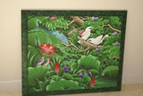GIGANTIC 33”x 27.5” ORIGINAL DETAILED COLORFUL  BALINESE PAINTING ON CANVAS BY RENOWN UBUD ARTIST RAINFOREST PARADISE WITH FOLIAGE STARLING BIRDS WATERFALL LOTUS FRAMED IN HAND PAINTED CUSTOM FRAME DFBB2 DESIGNER WALL DÉCOR COLLECTOR ARTWORK MASTERPIECE