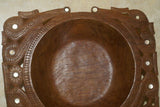 STUNNING 1 OF A KIND HAND CARVED KWILA WOOD MUSEUM MASTERPIECE SAGO PLATTER DISH BOWL WITH TEAR SHAPED MOTHER OF PEARL INSERTS & DELICATE LACY BORDERS RENOWNED TRIBAL SCULPTOR TROBRIAND ISLANDS MELANESIA SOUTH PACIFIC COLLECTOR DESIGNER 2A4 10"x 8" x 3”
