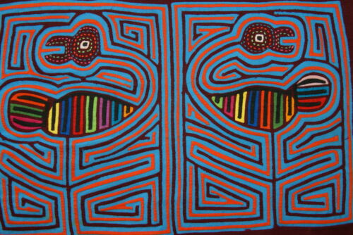 Kuna Indian Abstract Traditional Mola blouse panel from San Blas Islands, Panama. Hand stitched Applique: Heron Ibis Egret Art  16