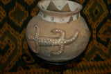Rare 1980's Vintage Collectible Primitive Hand Crafted Vermasse Terracotta Pottery, Vessel from East Timor Island, Indonesia: 3D Raised Relief Gecko Motifs  & Decorative Geometrics colored with natural earthtone pigments 8.5" x 6.5" (23" Diameter) P33