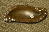 11”x 4.5”UNIQUE STUNNING HAND CARVED KWILA WOOD MUSEUM MASTERPIECE SAGO PLATTER DISH BOWL WITH MOTHER OF PEARL INSERTS & DELICATE INCISED BORDERS BY RENOWNED TRIBAL SCULPTOR FROM TROBRIAND ISLANDS MASSIM MELANESIA SOUTH PACIFIC COLLECTOR DESIGNER ART 2A49