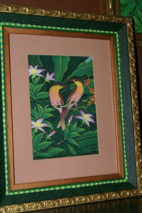 18”x 15” ORIGINAL DETAILED COLORFUL  BALINESE PAINTING ON CANVAS BY RENOWN UBUD ARTIST RAINFOREST PARADISE WITH FOLIAGE HIBISCUS FLOWERS BIRDS FRAMED IN SIGNED CUSTOM FRAME HANDPAINTED TO MATCH ARTWORK DECORATOR DESIGNER ART COLLECTOR MASTERPIECE DFBB58