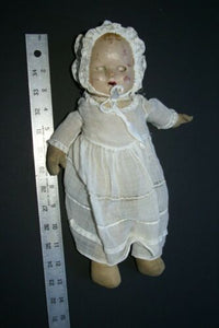 Antique French 1940 Baby Doll Hand Painted Face original Baptism Outfit Lace hat & CREATED DURING THE SECOND WORLD WAR
