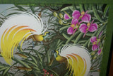 GIGANTIC 34.5”x 29” ORIGINAL DETAILED COLORFUL  BALINESE PAINTING ON CANVAS BY RENOWN UBUD ARTIST RAINFOREST PARADISE WITH FOLIAGE ORCHID FLOWERS BIRDS OF PARADISE FRAMED IN CUSTOM MATS & FRAME HAND PAINTED TO MATCH DFBB7 DESIGNER COLLECTOR MASTERPIECE