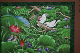 GIGANTIC 33”x 27.5” ORIGINAL DETAILED COLORFUL  BALINESE PAINTING ON CANVAS BY RENOWN UBUD ARTIST RAINFOREST PARADISE WITH FOLIAGE STARLING BIRDS WATERFALL LOTUS FRAMED IN HAND PAINTED CUSTOM FRAME DFBB2 DESIGNER WALL DÉCOR COLLECTOR ARTWORK MASTERPIECE