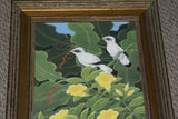 FRAMED 19”x 15.5” ORIGINAL DETAILED COLORFUL  BALINESE PAINTING ON CANVAS BY RENOWN UBUD ARTIST RAINFOREST PARADISE WITH NATURE FOLIAGE HIBISCUS STARLING BIRDS BANANA LEAVES DFBB45 DECORATOR DESIGNER ART COLLECTOR ARTWORK  MASTERPIECE
