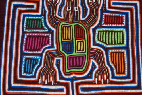 Kuna Indian Folk Art Blouse Mola Panel from San Blas Islands, Panama. Handstitched Applique: Colorful Turtle Tortoise 16.75