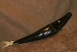 Timor Ethnic Authentic Lime Tribal Container, Unique & Rare Hand Carved Buffalo Horn & Bone receptacle Representing a Barracuda Fish (14" long) ITEM BN47 comes with handcrafted base, gold and black
