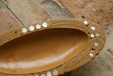 11.5”x 5” X 2” UNIQUE  STUNNING BLOND KWILA WOOD  BOWL WITH INCISED DELICATE BORDERS & ROUND SHAPED MOTHER OF PEARL INLAYS BY RENOWNED TRIBAL SCULPTOR FROM REMOTE TROBRIAND ISLANDS MELANESIA MASSIM REGION SOUTH PACIFIC COLLECTOR DESIGNER ART 2A57