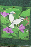 21”x 16.5” DETAILED COLORFUL  BALINESE PAINTING ON CANVAS RENOWN UBUD ARTIST RAINFOREST PARADISE FOLIAGE STARLING BIRDS PURPLE HIBISCUS FRAMED IN SIGNED CUSTOM FRAME HAND PAINTED TO MATCH  ARTWORK DFBB48 DECORATOR DESIGNER ART COLLECTOR HOME DÉCOR