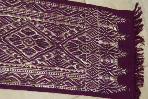 Old Ceremonial Balinese Brocade Damask Wedding Songket Belt.  Burgundy Red Textile cloth Embroidered with Metallic Gold Threads 60