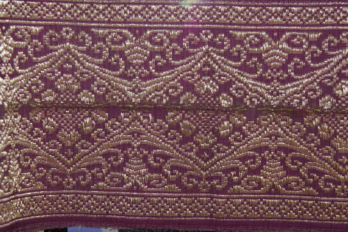 Old Ceremonial Balinese Textile Hand woven Burgundy Brocade Damask Songket Setagen Sabuk Dowry Belt with Metallic Gold Threads 58