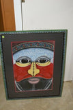 RARE UNIQUE AUTHENTIC COLORFUL FOLK ART PAINTING TRIBAL WARRIOR FROM PAPUA NEW GUINEA ARTIST FRAMED IN SIGNED HAND PAINTED FRAME TO MATCH THE ART WITHIN 29 1/4” X 23 3/4” DFP7 DESIGNER COLLECTOR WALL ART