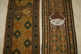 Hand woven Sumba Hinggi Songket Ikat Textile (49" x 13") Made from Hand spun Cotton, Dyed with Natural Pigments. INTRICATE GEOMETRIC DESIGNS  Adorned with Crab MOTIF Created with Nassa Shells (49" x 13") SR43 RUST RED GOLDS GREENS