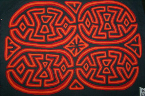 Kuna Indian Folk Art Mola Blouse Panel from San Blas Islands, Panama. Hand-stitched Reverse Applique:  Geometric Abstract Stylized Jumping Frog (Red, Orange & Black) Brain Coral Maze 16.75
