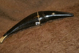 Timor Ethnic Authentic Lime Tribal Container, Unique & Rare Hand Carved Buffalo Horn & Bone receptacle Representing a Barracuda Fish  (14" long) ITEM BN46A comes with handcrafted base, gold and black