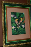 18”x 15” ORIGINAL DETAILED COLORFUL  BALINESE PAINTING ON CANVAS BY RENOWN UBUD ARTIST RAINFOREST PARADISE WITH FOLIAGE HIBISCUS FLOWERS BIRDS FRAMED IN SIGNED CUSTOM FRAME HANDPAINTED TO MATCH ARTWORK DECORATOR DESIGNER ART COLLECTOR MASTERPIECE DFBB58
