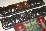 UNIQUE INTRICATELY HAND CARVED ORNATE WOOD HANGER 30” LONG (ROD, RACK) USED TO DISPLAY RARE OR PRECIOUS TEXTILES ON THE WALL, SUPERB BAS RELIEF LACY FOLIAGE, VINES, FLOWERS, HORSES, CUSCUS, ANIMAL & BIRDS MOTIFS ITEM 340, 341, 342 OR 343 DESIGNER WALL ART