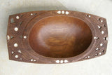 STUNNING 1 OF A KIND HAND CARVED KWILA WOOD MUSEUM MASTERPIECE SERVING PLATTER DISH BOWL WITH MOTHER OF PEARL INSERTS & DELICATE LACY BORDERS RENOWNED TRIBAL SCULPTOR TROBRIAND ISLANDS MELANESIA SOUTH PACIFIC COLLECTOR DESIGNER 2A112 17.5"x 8.5 x 2.75"