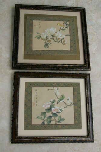 1970 CHINESE ORIGINAL GONGBI MUGHAL ART CHOICE BETWEEN 2 BEAUTIFUL FRAMED PERSIAN INK MINIATURE PAINTINGS ON SILK EXTREMELY DETAILED RENDITION OF BIRDS & FLOWER BLOSSOMS DECORATOR DESIGNER COLLECTOR WALL ART DECOR