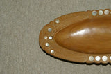 11.5”x 5” X 2” UNIQUE  STUNNING BLOND KWILA WOOD  BOWL WITH INCISED DELICATE BORDERS & ROUND SHAPED MOTHER OF PEARL INLAYS BY RENOWNED TRIBAL SCULPTOR FROM REMOTE TROBRIAND ISLANDS MELANESIA MASSIM REGION SOUTH PACIFIC COLLECTOR DESIGNER ART 2A57